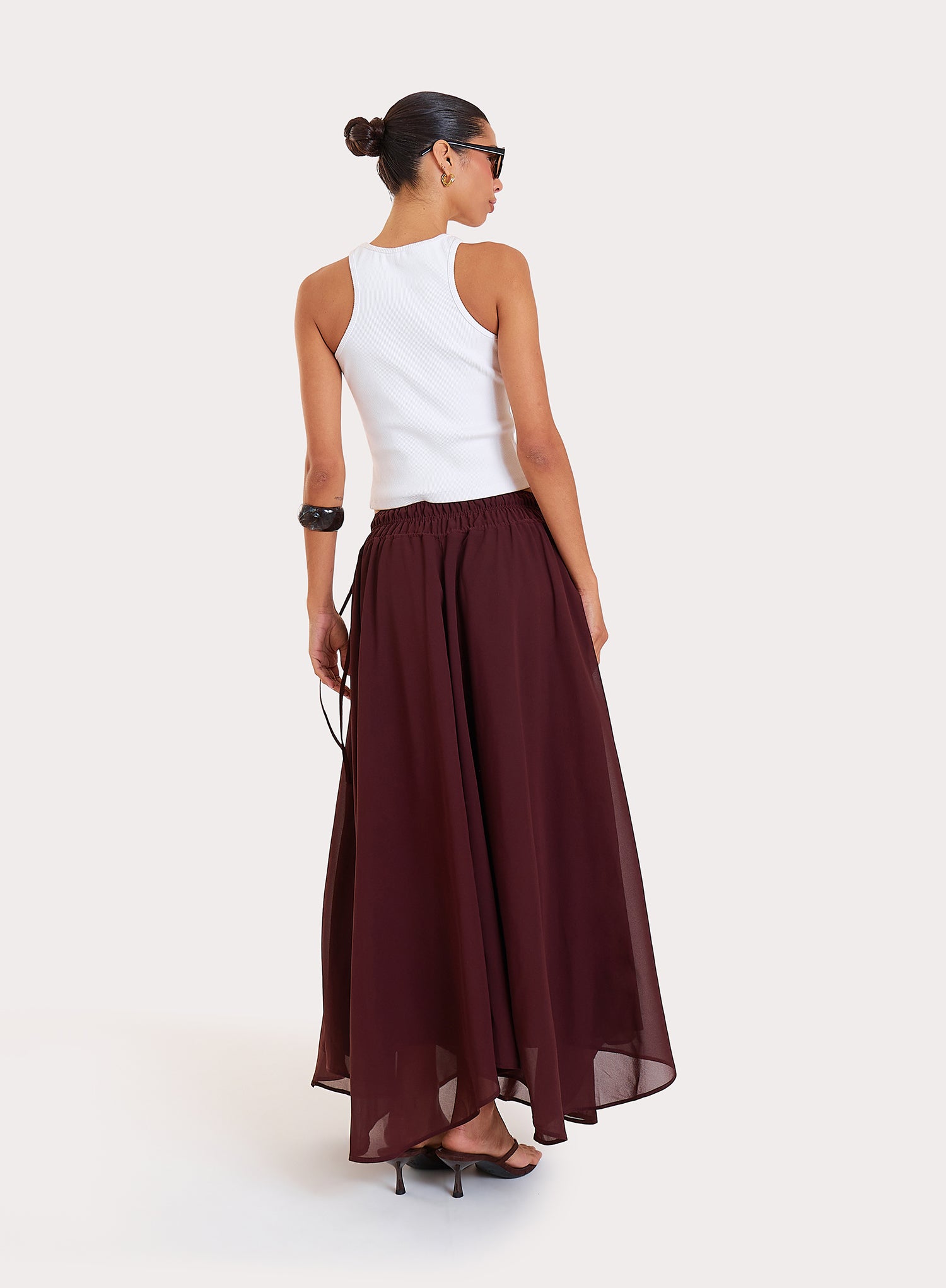 Chocolate Chiffon Asymmetric Hem Maxi Skirt